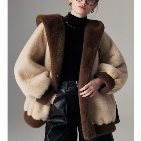 Jackets & Blazers - Maillard Core Oversized Faux Fur Hooded Teddy Jacket Two Tone